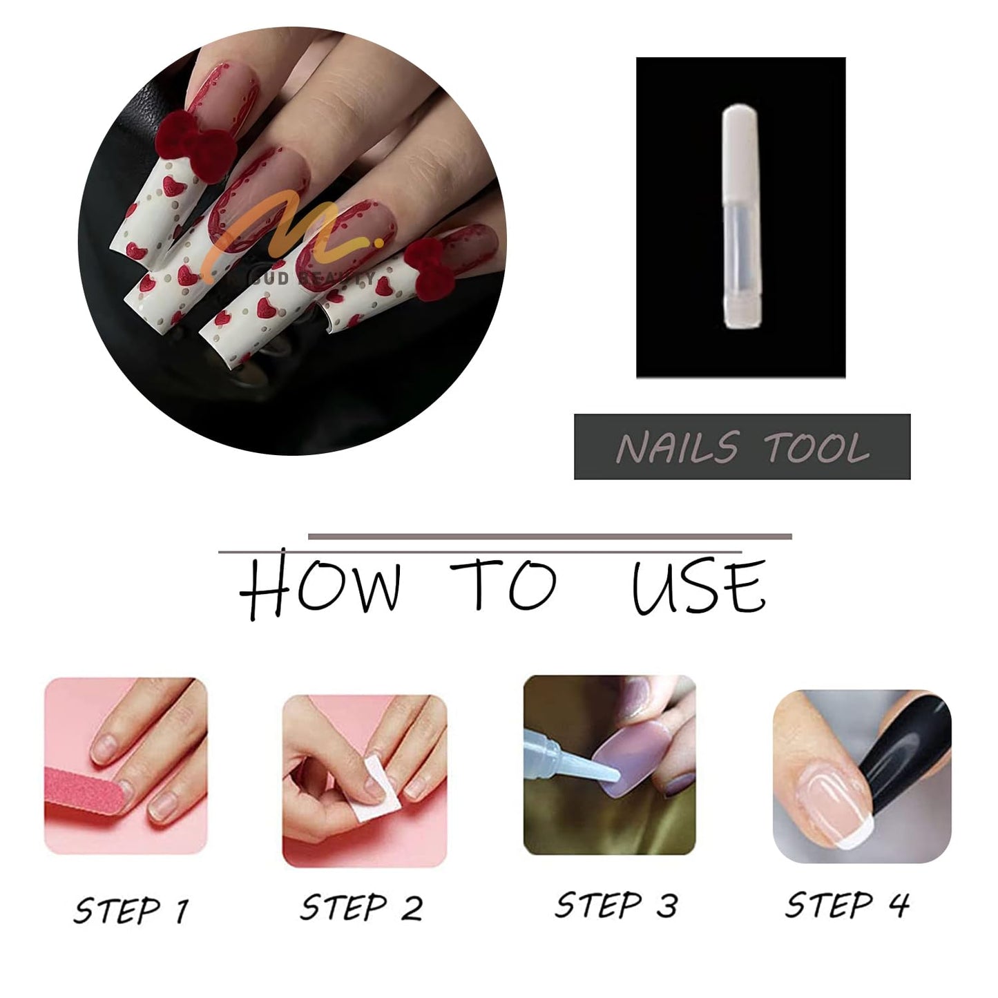 MISUD Press on Nails - Long Square Fake Nails with White French Tip, Acrylic Valentines Heart Design 24 pcs
