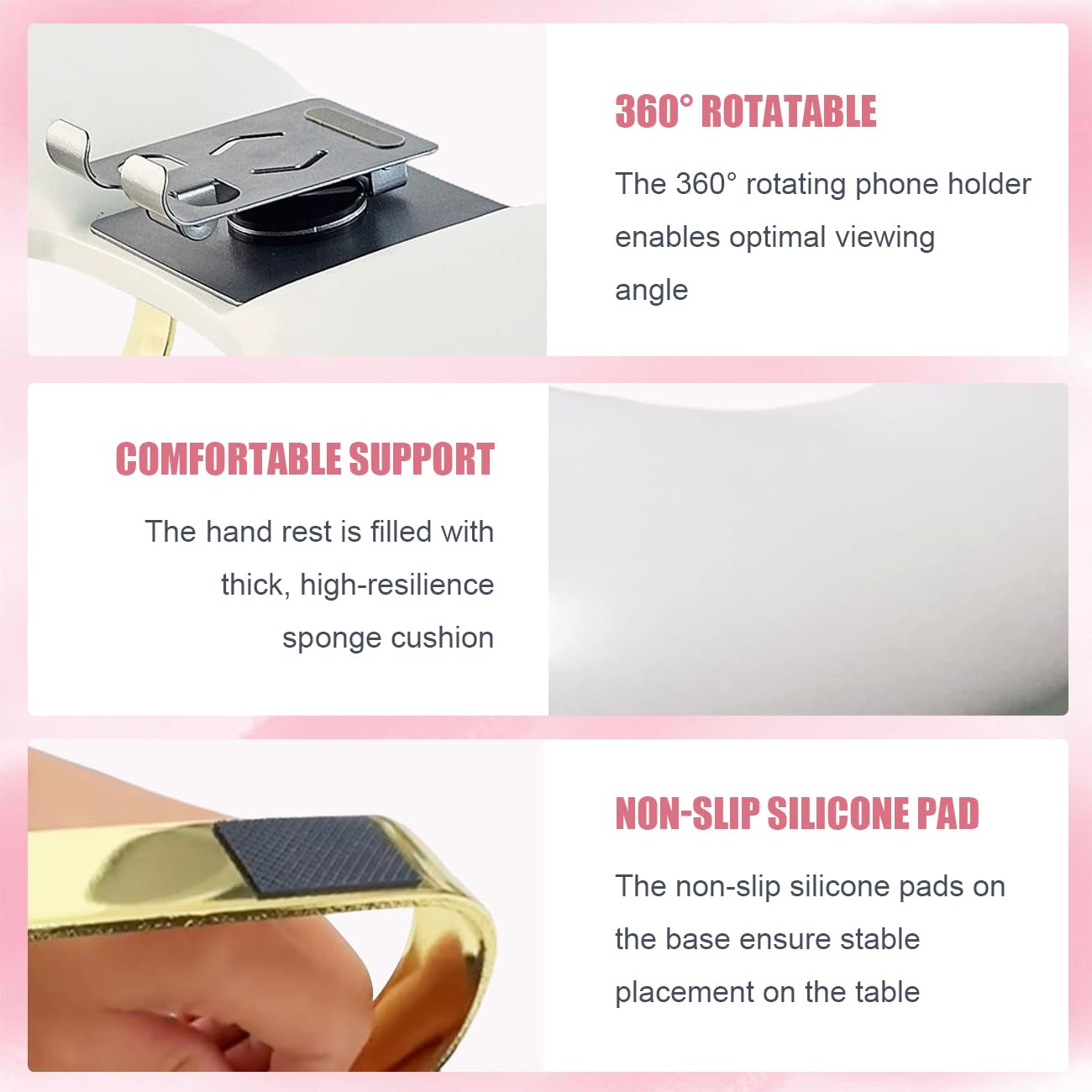 EHERDM Arm Rest for Nails Tech U-Shaped Hand Pillow with Rotating Adjustable Phone Holder Soft Comfortable Hands Cushion Manicure Tool for Home and Art Nail Salon