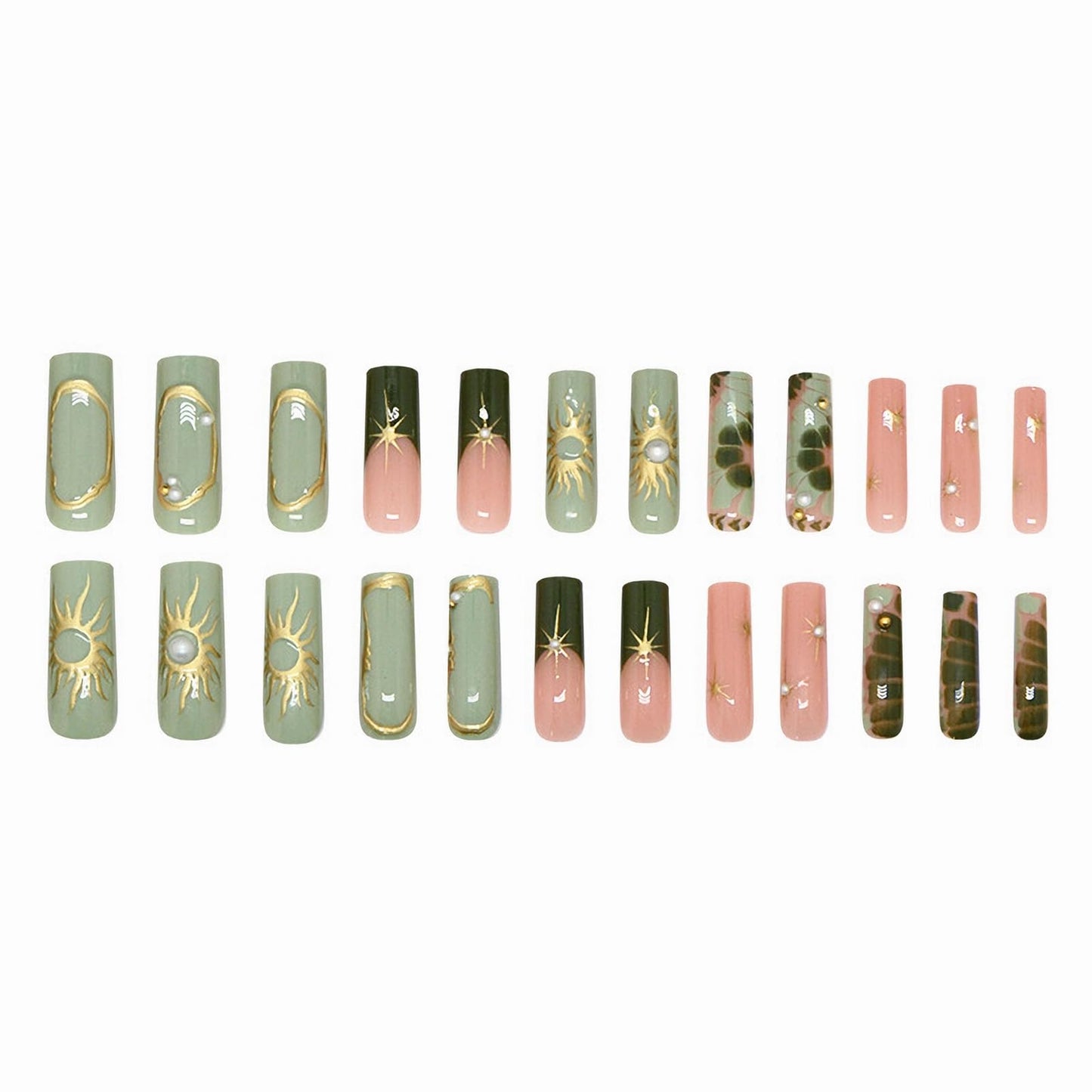 MISUD Press on Nails - Long Square Fake Nails with Green, Acrylic Gold Chrome Sun Star Design 24 pcs