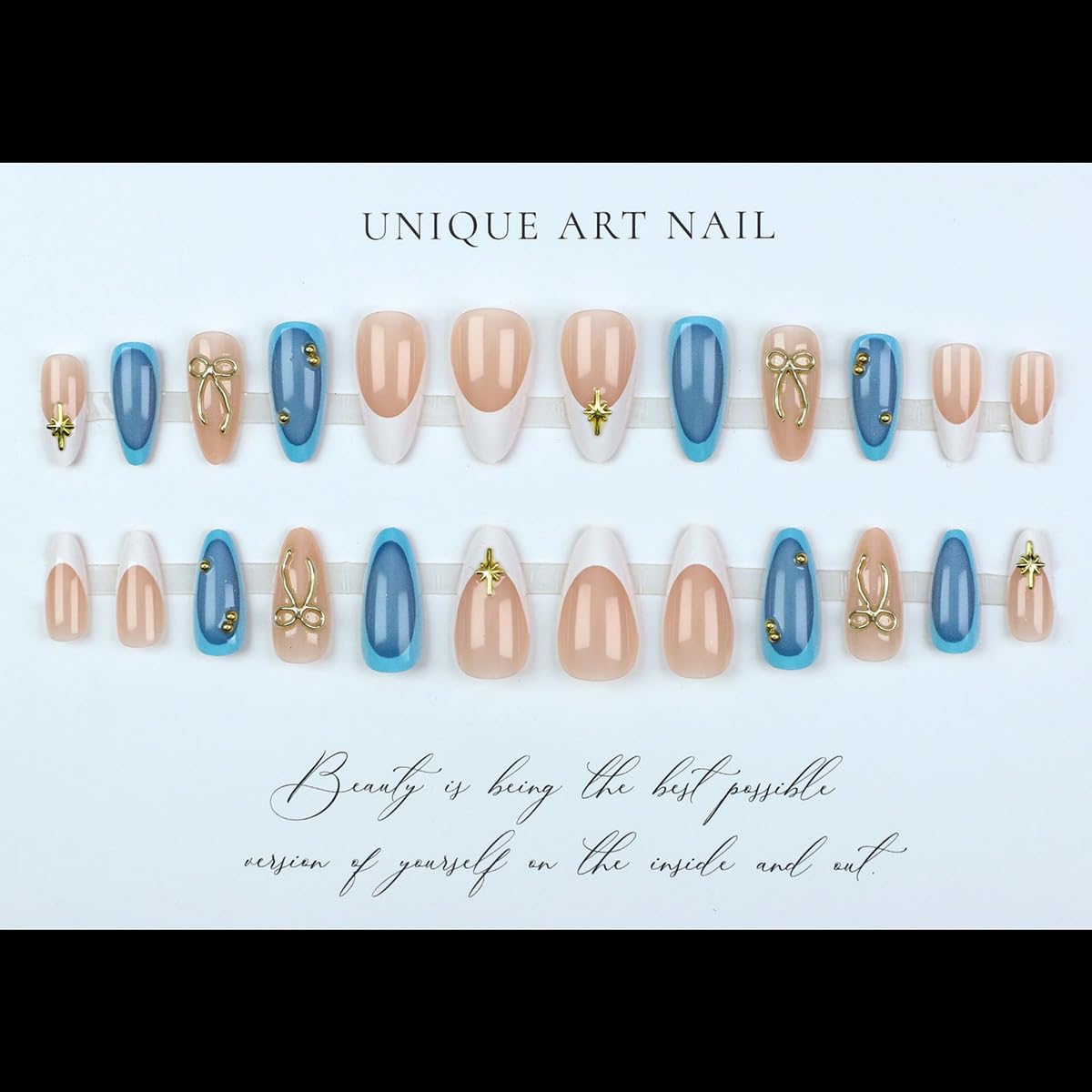 3D Gold Bow Press on Nails Glossy Blue Fake Nails Medium Almond False Nails with Star Design White French Tip Glue on Nails Full Cover Stick on Nails Cute Artificial Nails for Women Manicure 24Pcs