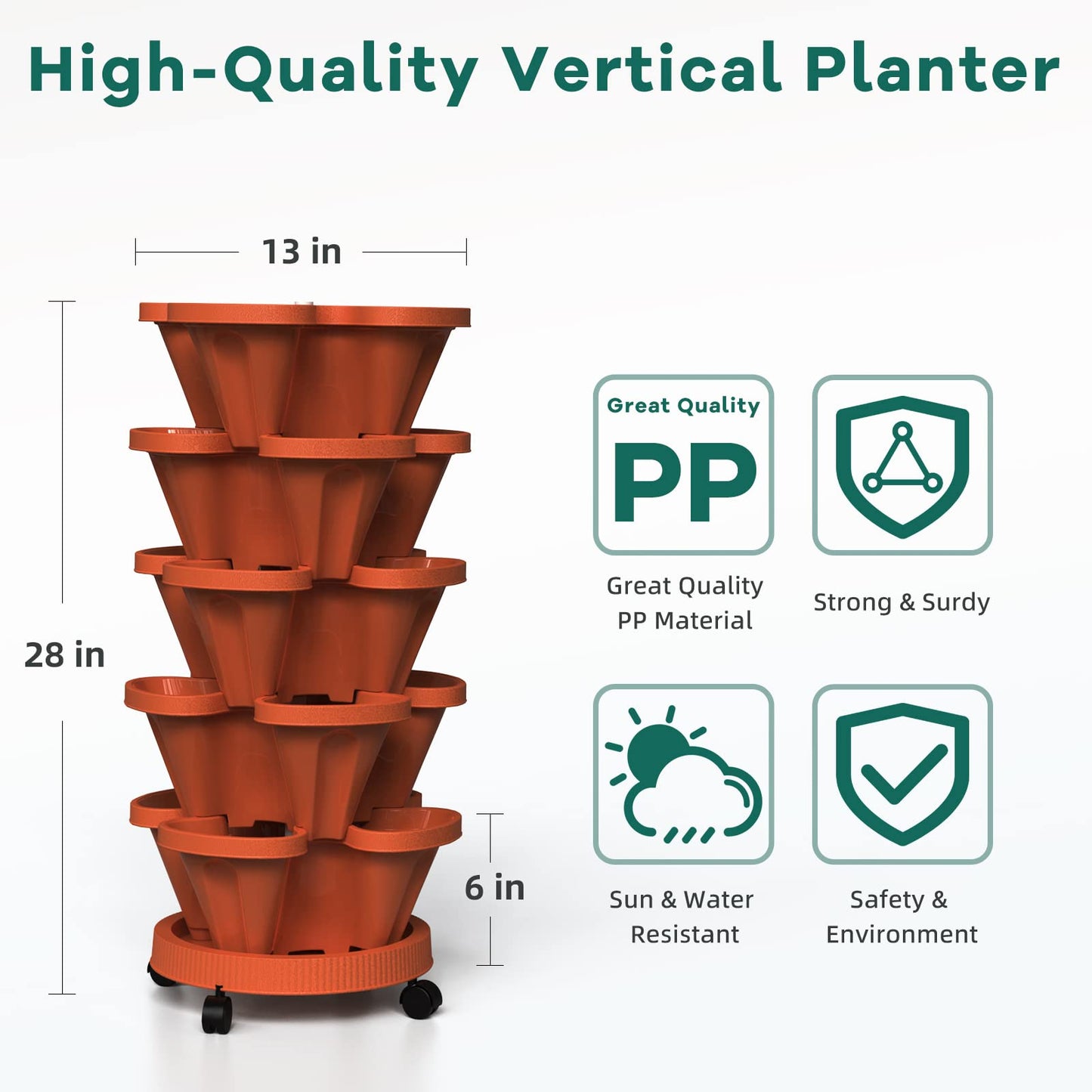 Tectsia Strawberry Vertical Planter, 5 Tiered Stacking Garden Tower, Stackable Herb Vegetable Planters with Support Pole Indoor and Outdoor - Terra Cotta