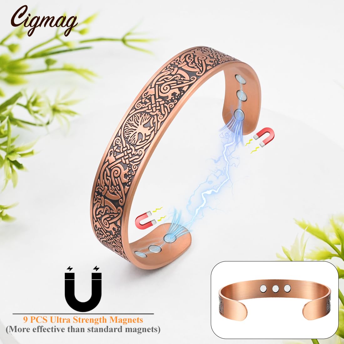 Cigmag 9X Copper Bracelet for Men Copper Magnetic Bracelet Ultra Strength Magnets Tree of Life Raven Pattern Adjustable Solid Pure Cuff Bangle
