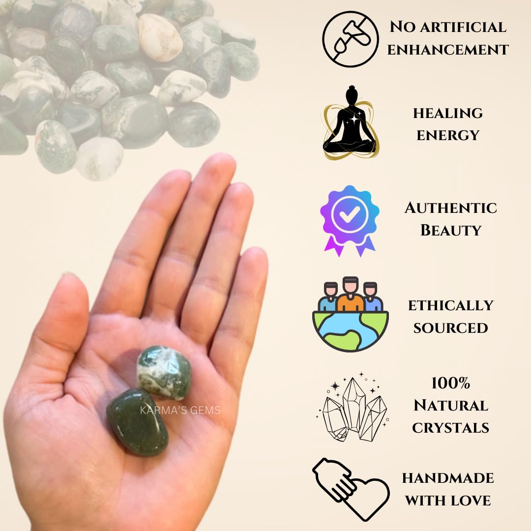 Karma Gems Moss Agate Tumbled Stones Natural Crystal Kit for Reiki Healing Crystal Polished, Tumble Stones, Chakra Balancing, Reiki Gift, Home Decor (15-25 MM)