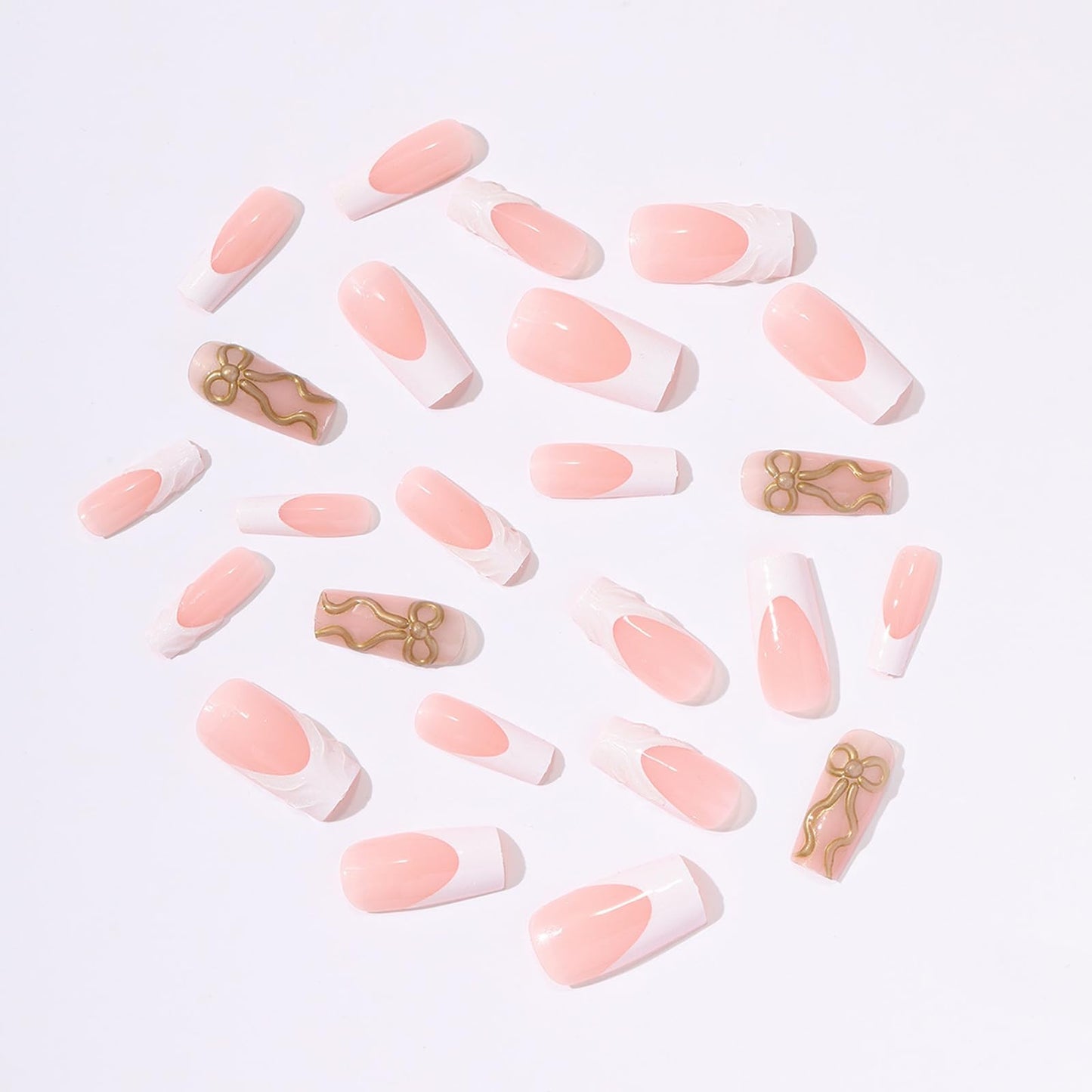 IMRAIN Press on Nails Long Square Fake Nails White French Tips False Nails with 3D Golden Bow Designs Full Cover Glue on Nails for Women