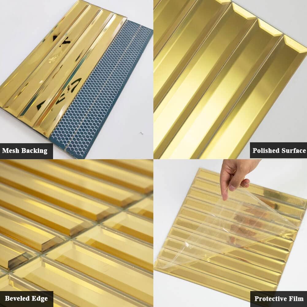 Diflart Beveled Mirror Backsplash Tiles for Kitchen, Gold Strip, 12x12 Inch, Mirror TIile for Bathroom Accent Wall, Pack of 5 Sq.ft