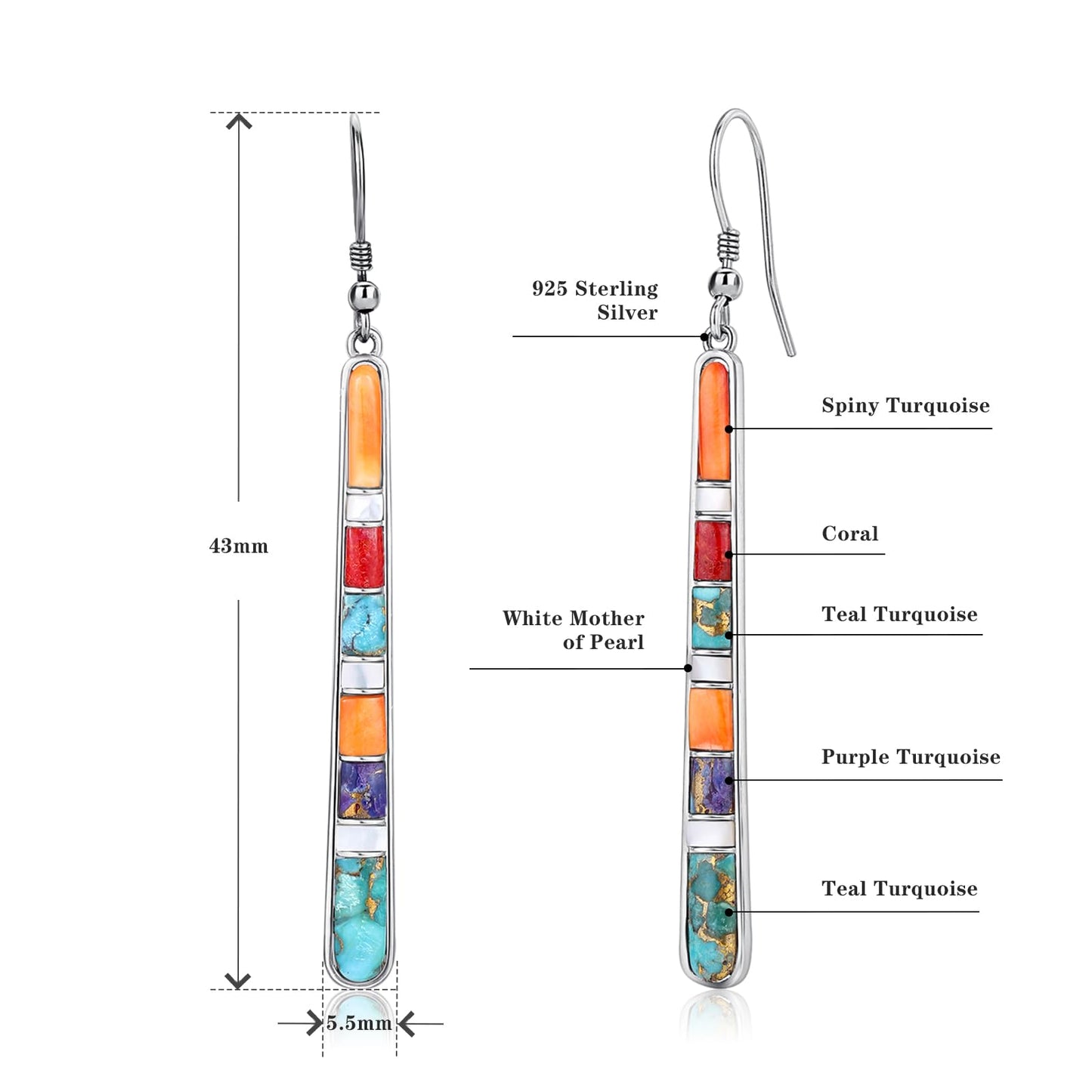 Phyonio Turquoise Earrings for Women 925 Sterling Silver Multicolor Gemstones Dangle Earrings Bohemian Style Statement Bar Earrings Dangle Earrings for Women Summer Earrings Valentines Gifts