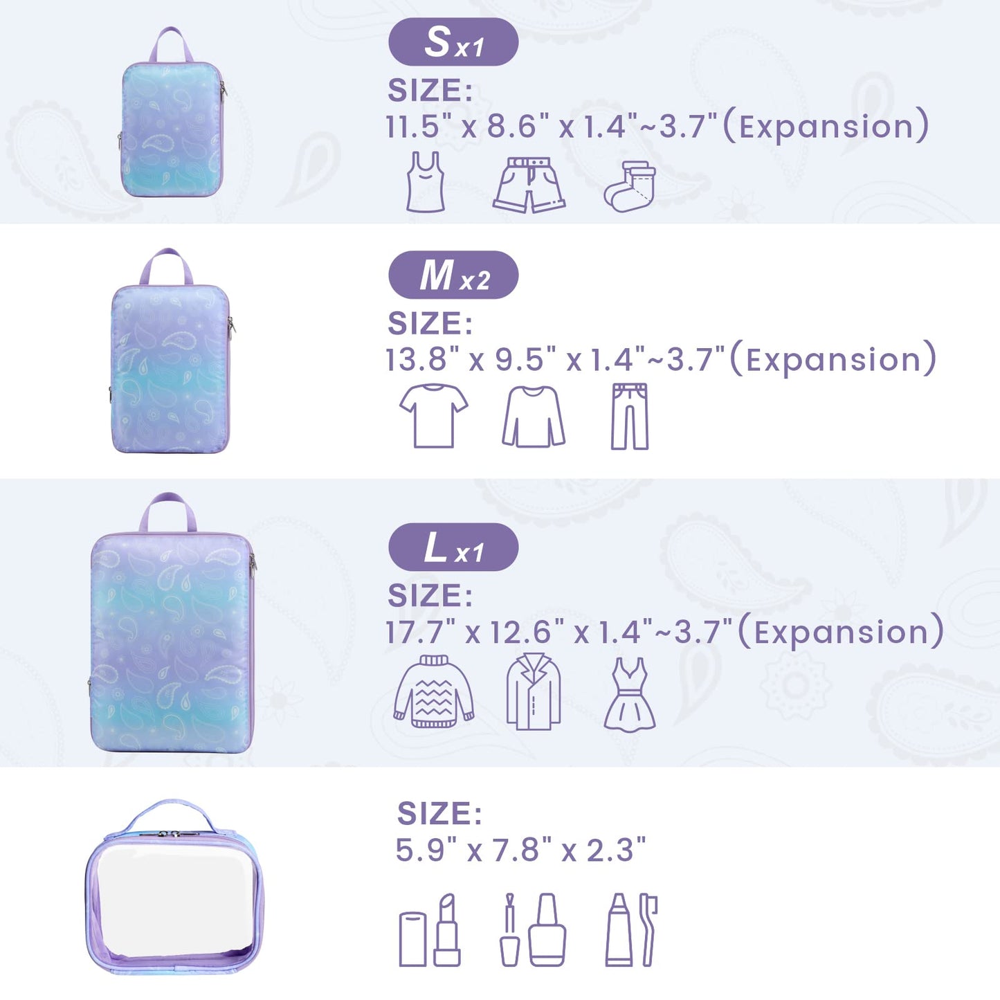 Cambond Compression Packing Cubes Travel - 5 Set Packing Cubes for Suitcases, Lightweight Expandable Luggage Organizers Space Saver Compression Cubes with Makeup Bag, White Blue Purple Gradient