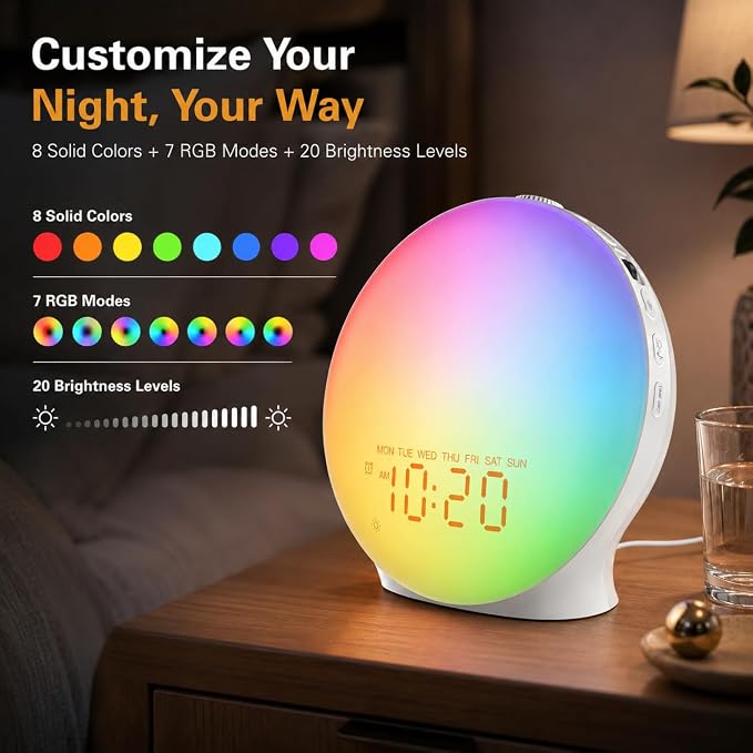 JALL Sunrise Alarm Clock White Noise Machine with 25 Nature Sleep Sounds, Fully Dimmable Clock for Bedrooms, Heavy Sleepers, 17 Light Modes, Bluetooth Speaker
