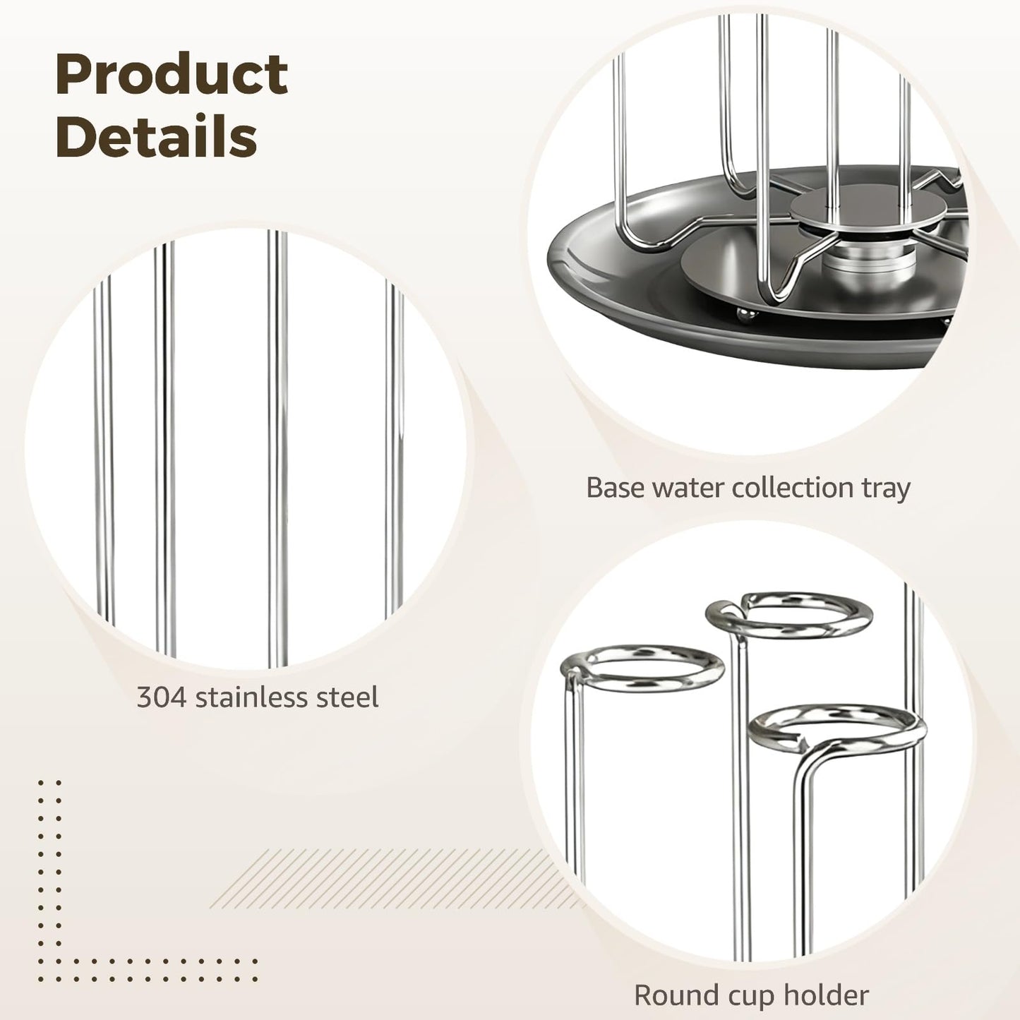 Toyosport Stainless Steel 4 Cups Mug Drying Rack, Rotating Bottle Drying Holder, Countertop Cup Drying Rack with Drain Tray, Space Saving