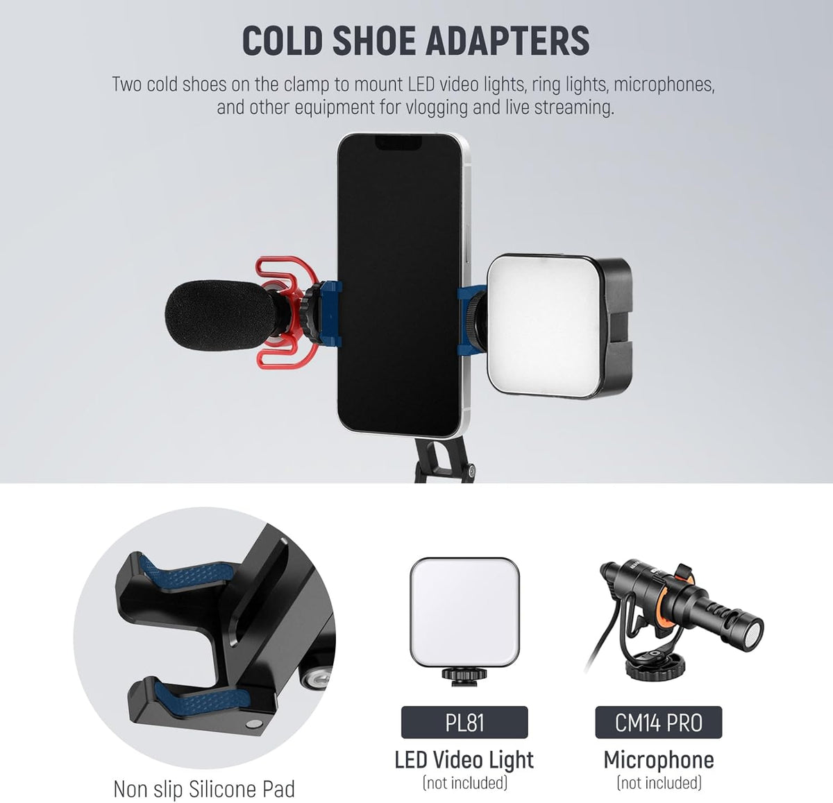 NEEWER Phone Tripod Mount with Cold Shoes, Metal Smartphone Adapter Compatible with iPhone, Multi Angle Tri Fold Cell Phone Holder, Handheld Grip for Streaming Vlog SP-04