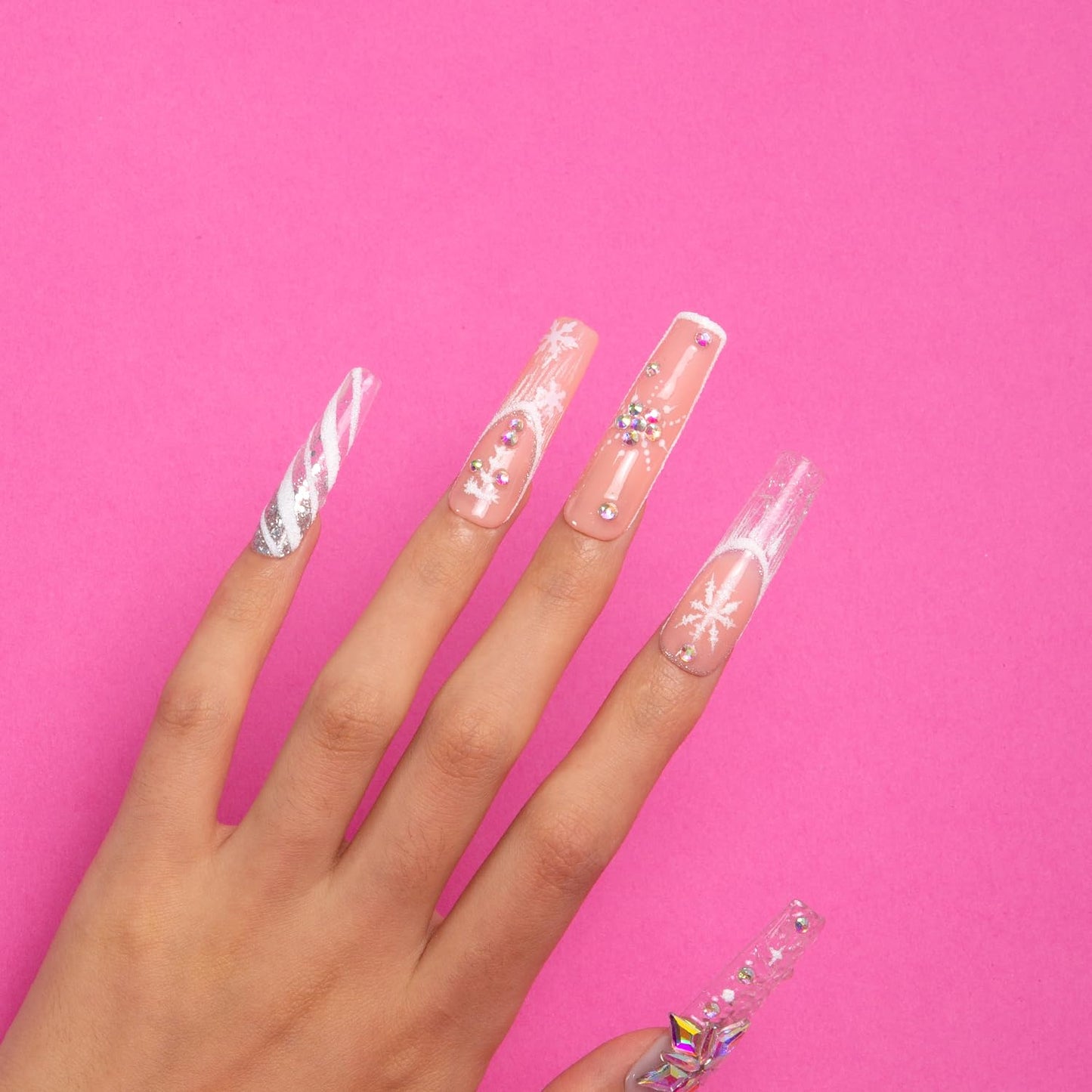 LOVFUL Press on Nails Snowy Moonlight| Handmade with Full Covered Crystals | Reusable Fake Nails | Square Mid Length 1.7 in | H142-M