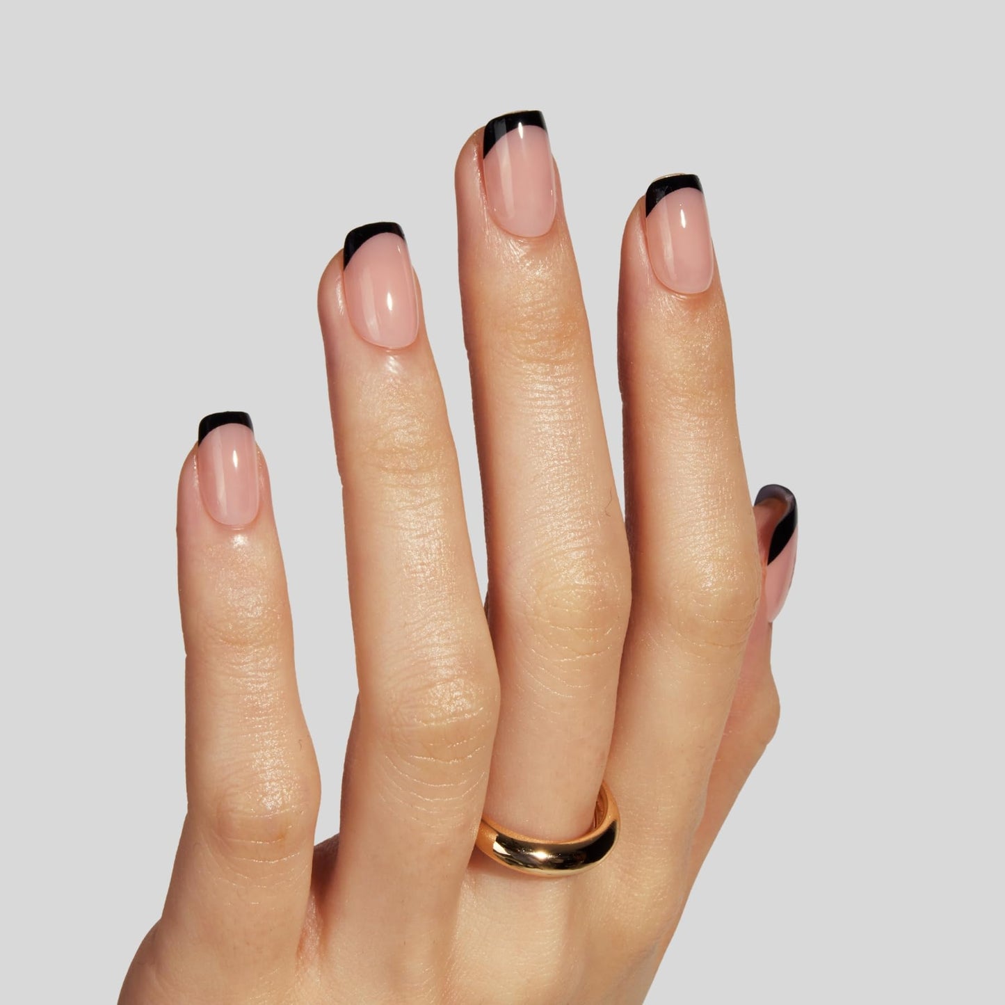LAMIMOSA 32Pcs Black French Tip Press on Nails Short Square - Soft Gel Fake Nails in 16 Sizes, Reusable Semi-Transparent Glue on Nails Kit, BLACK TIE