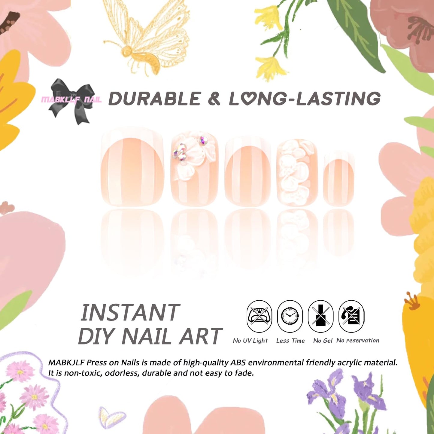 Handmade Press on Nails Extra Short Square MABKJLF White French Tip Fake Nails Embossed Flower False Nails with Floral Designs Full Cover Glossy Glue on Nails Acrylic Nails for Women Girls 24 Pcs