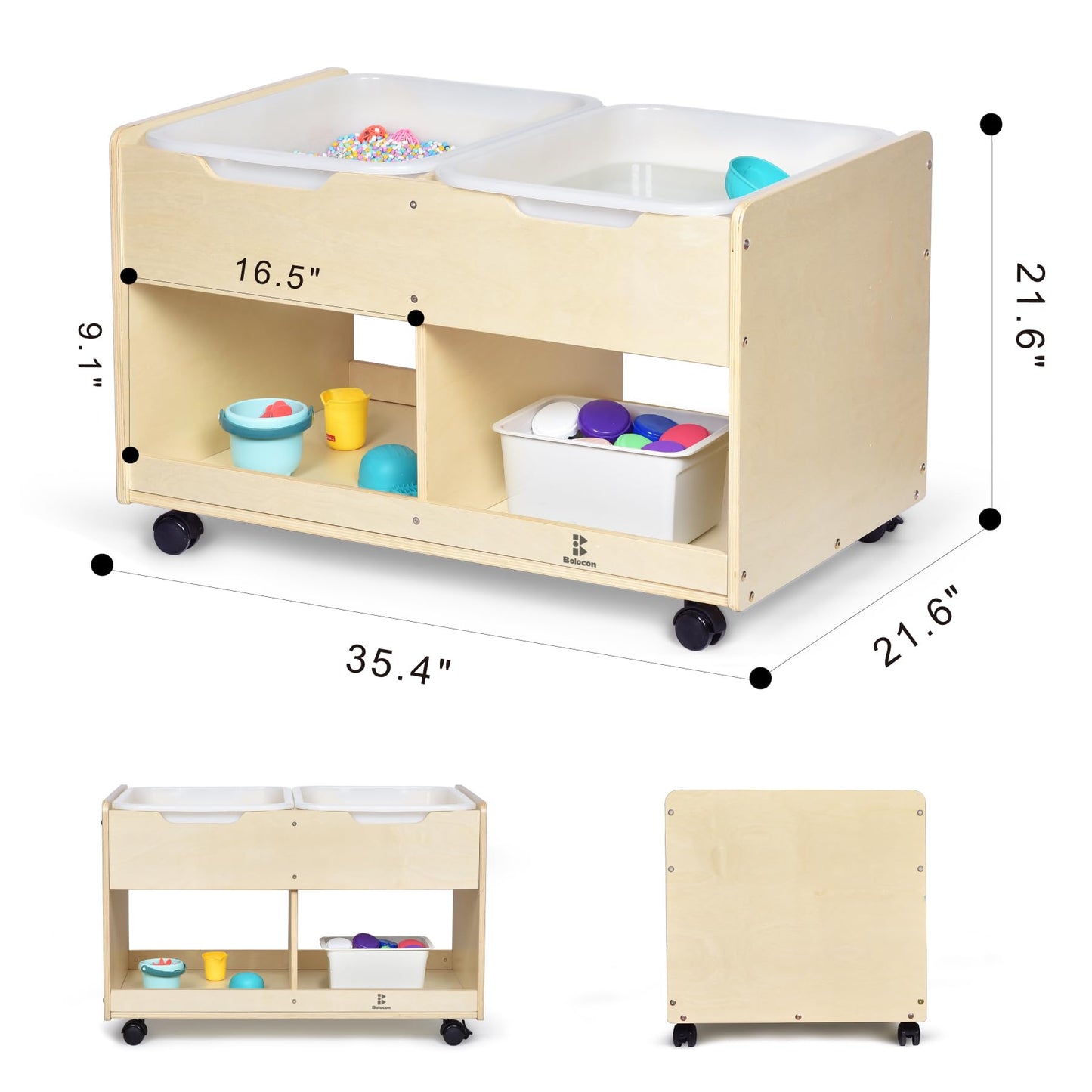 Bolocon Sand and Water Activity Table for Kids, Sensory Table w/Dual Deep Sand/Water Bins & 2 Bottom Storage Compartment & Lockable Casters, Indoor/Outdoor Activity Play