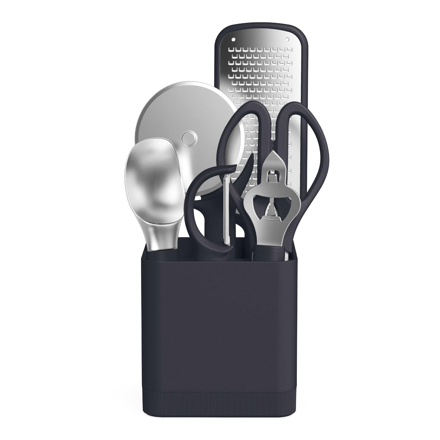 bella 7-Piece Modular Gadget Set, Grater, Pizza Cutter, Ice Cream Scoop, Peeler, Shears, Bottle Opener, Crock with removable divider, Dishwasher Safe, Slate