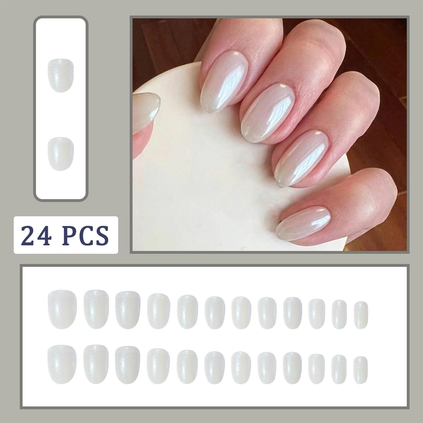 White Chrome Press on Nails Short Almond Fake Nails Aurora False Nails with Design Solid Mirror Pearl White Full Cover Glossy Acrylic for Women Girls Manicure Decoration 24Pcs
