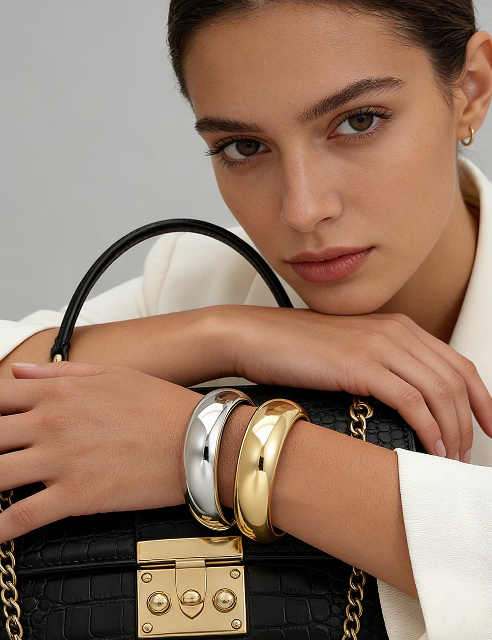 Chunky Gold Bangle Bracelets for Women, Dainty 14k Gold Plated Big Stackable Bangles Set, Trendy Statement Cuff Bracelet Stack Fashion Jewelry Gifts (2 Silver & gold chunky bangles)