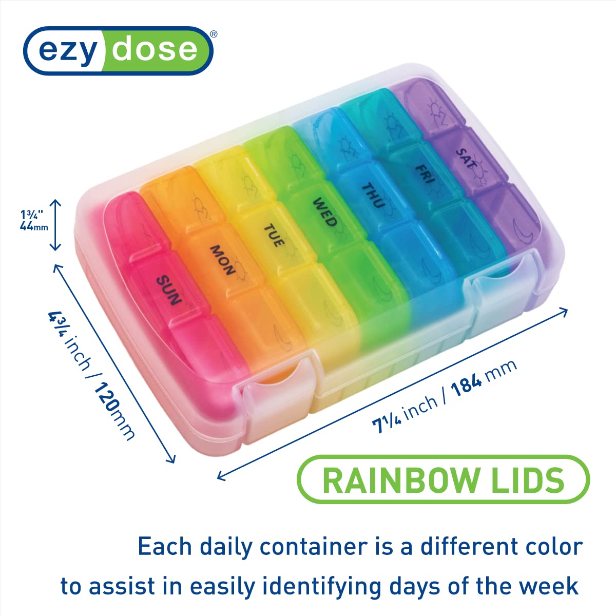 EZY DOSE Weekly (7-Day) Daily Medtime Pill Organizer Case, Vitamin Planner and Medicine Container, Removable Large Pop-Out Individual Compartments, 3 Times a Day, Travel Friendly, Rainbow, BPA Free