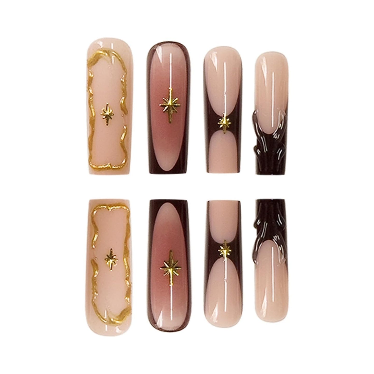 Long Press on Nails Square Fake Nails Brown False Nails French Artificial Nails Exra Long Nails with Gold Charm Designs XL Acrylic Nails Press ons Stick on Nails for Women 24pcs