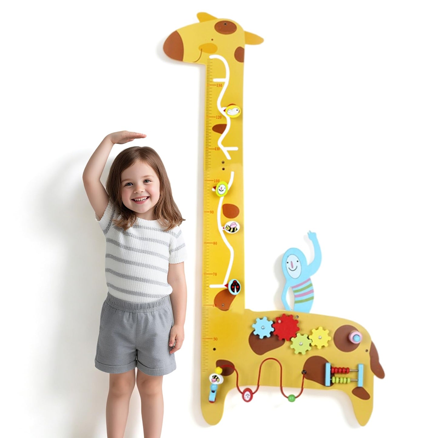 BROWNROOT Wooden Giraffe Growth Chart, Montessori Height Ruler with 5-in-1 Sensory Activities, Measuring Wall Toy for Kids 3-6, Bead Maze, Gears, Slide, Squeaker & Abacus, Educational Learning Gift