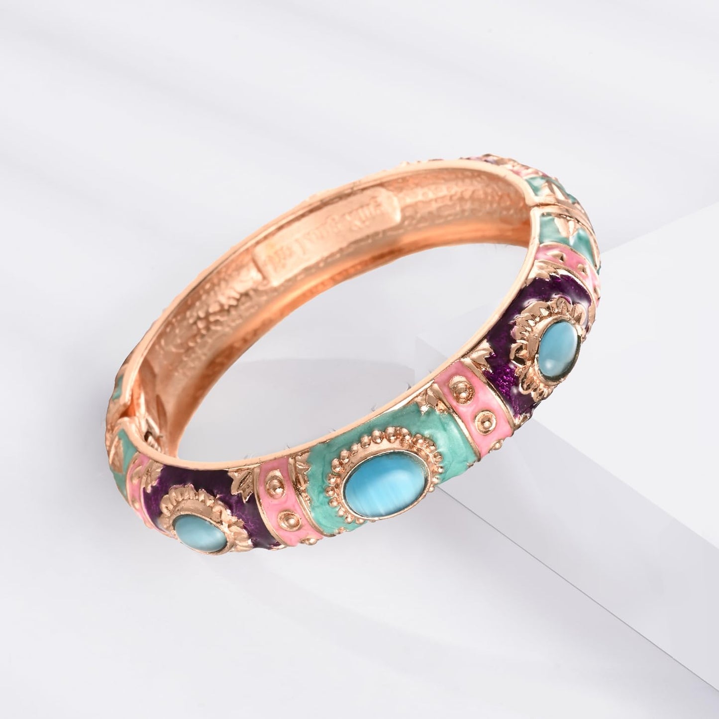 UJOY Vintage Cloisonne Jewelry Bracelet Plated Handmade Bead Rhinestones Enamel Spring Cuff Bangles 2 Pcs Set for Womens Gift 7735-55A67 Pink