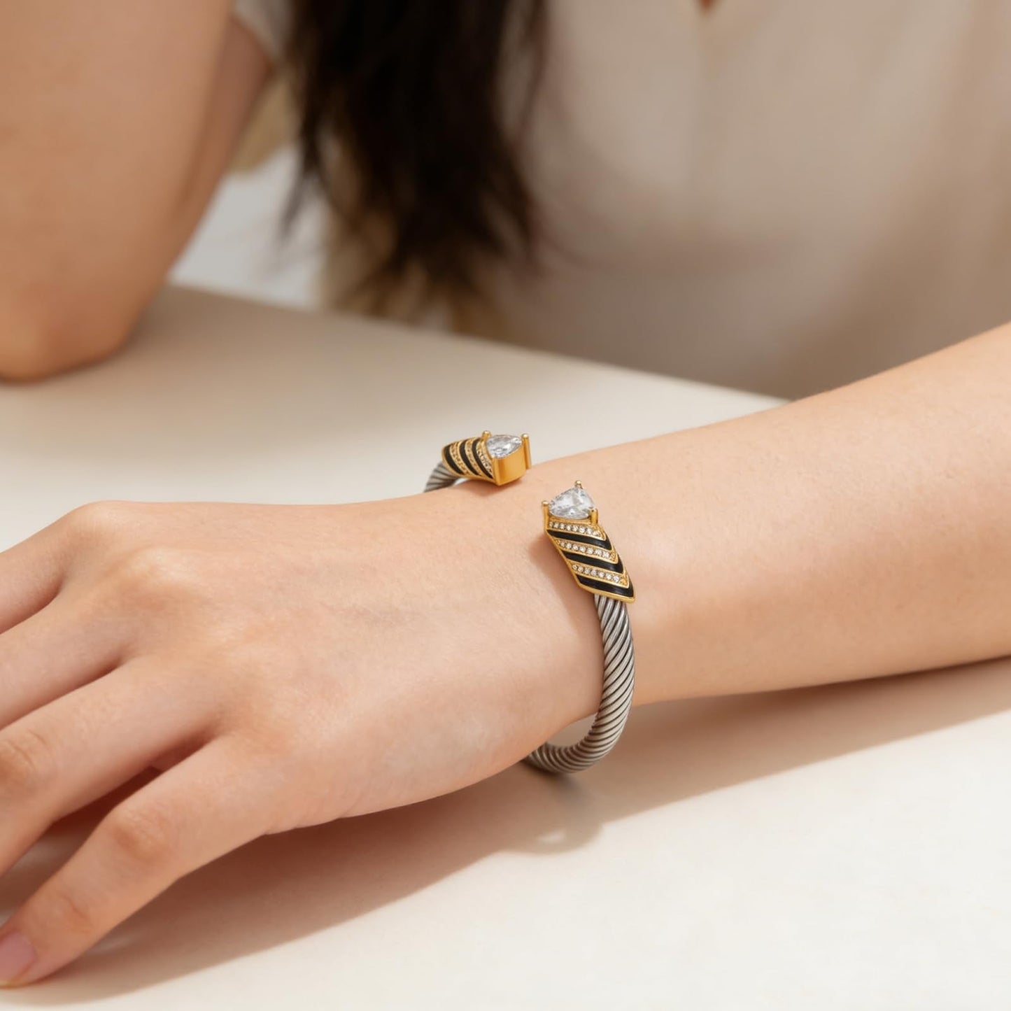 Stainless Steel Twisted Cable Wire Bangle, Crystal Inlaid Open Cuff Bangle Bracelets for Women, Stackable Elegant Jewelry Gift
