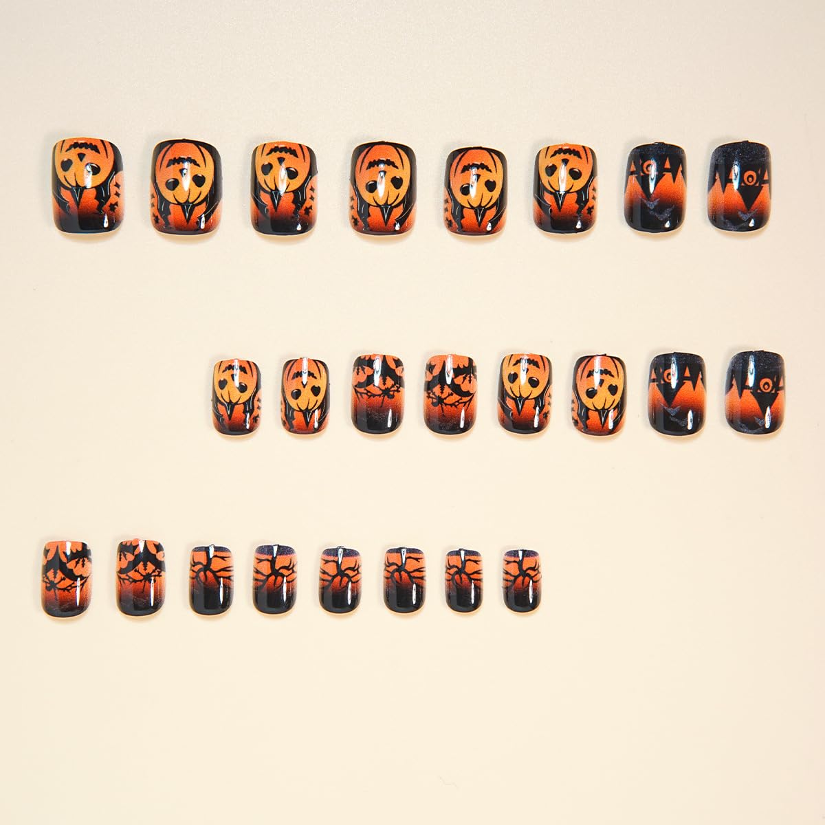 Halloween Orange Press on Nails Short Square Fake Nails Evil Pumpkin Gradient Full Cover Stick on Nails with Designs Reusable Halloween Nails Press ons Castle Black Acrylic Nails for Women