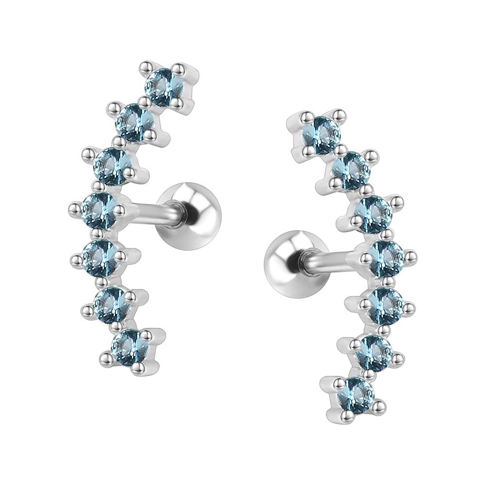 ZS Curve Seven Stud CZ Stud Earrings 316L Stainless Steel Ear Helix Conch Cartilage Piercing (Light Blue)