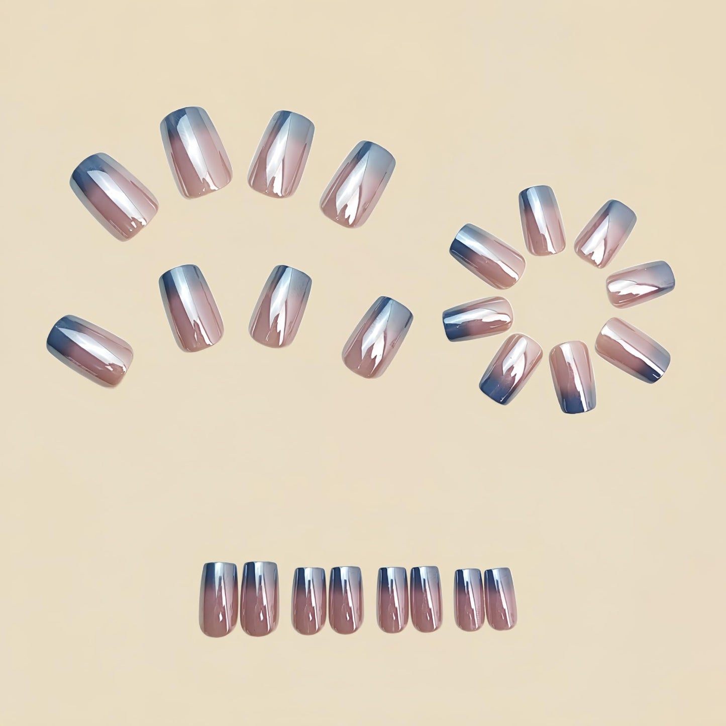 Blue Ombre Press on Nails Medium Square Fake Nails Chrome Mirror False Nails Press ons with Designs Glossy Shiny Gradient Full Cover Glue on Acrylic Nails for Women Nail Decoration 24Pcs