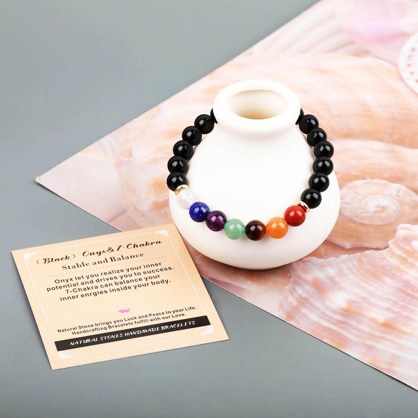 AD Beads Handmade Gemstone Stretch Elastic Bracelet Crystal Healing Reiki Nature's Beauty and Spiritual Essence Unisex (4mm, Onyx & 7-Chakra (Stable and Balance))