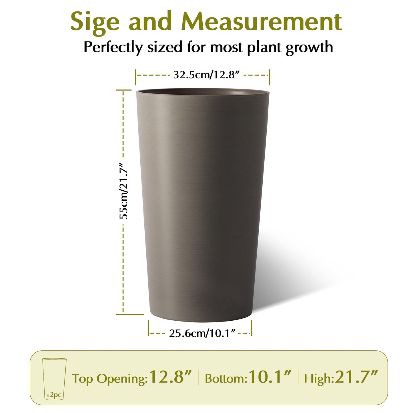 GDFStudio 21.7" Tall Planters Set of 2, Large Planter Pots with Drainage Holes, UV and Crack Resistant, Modern Matte Finish for Indoor Outdoor Balcony Patio Garden, Brown