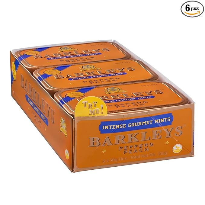 Barkleys Gourmet Pepper & Peach Breath Mints - Strong Pepper & Peach Flavor for Party, After Dinner, Wedding, Every Day Use-Vegan Mints In Reusable Classic Travel Tins, 6 Pack - 50 Count Each