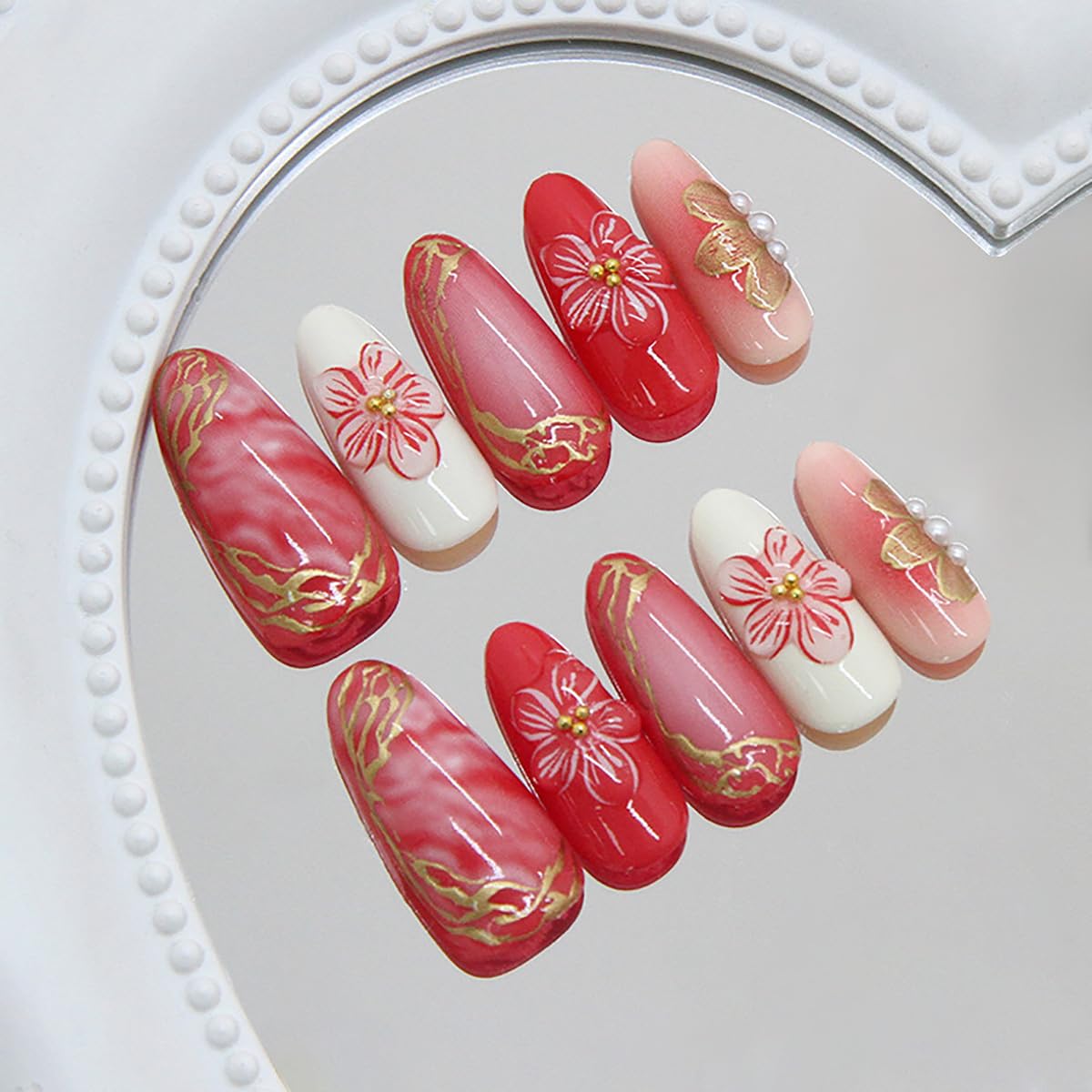 24Pcs Pink Press on Nails Medium Almond Fake Nails 3D Gold Flower Pearl Glitter Design Full Cover Tip Stick on Nails Peach Blossoms Glue on Nails Spring Summer False Nails for Acrylic Manicure