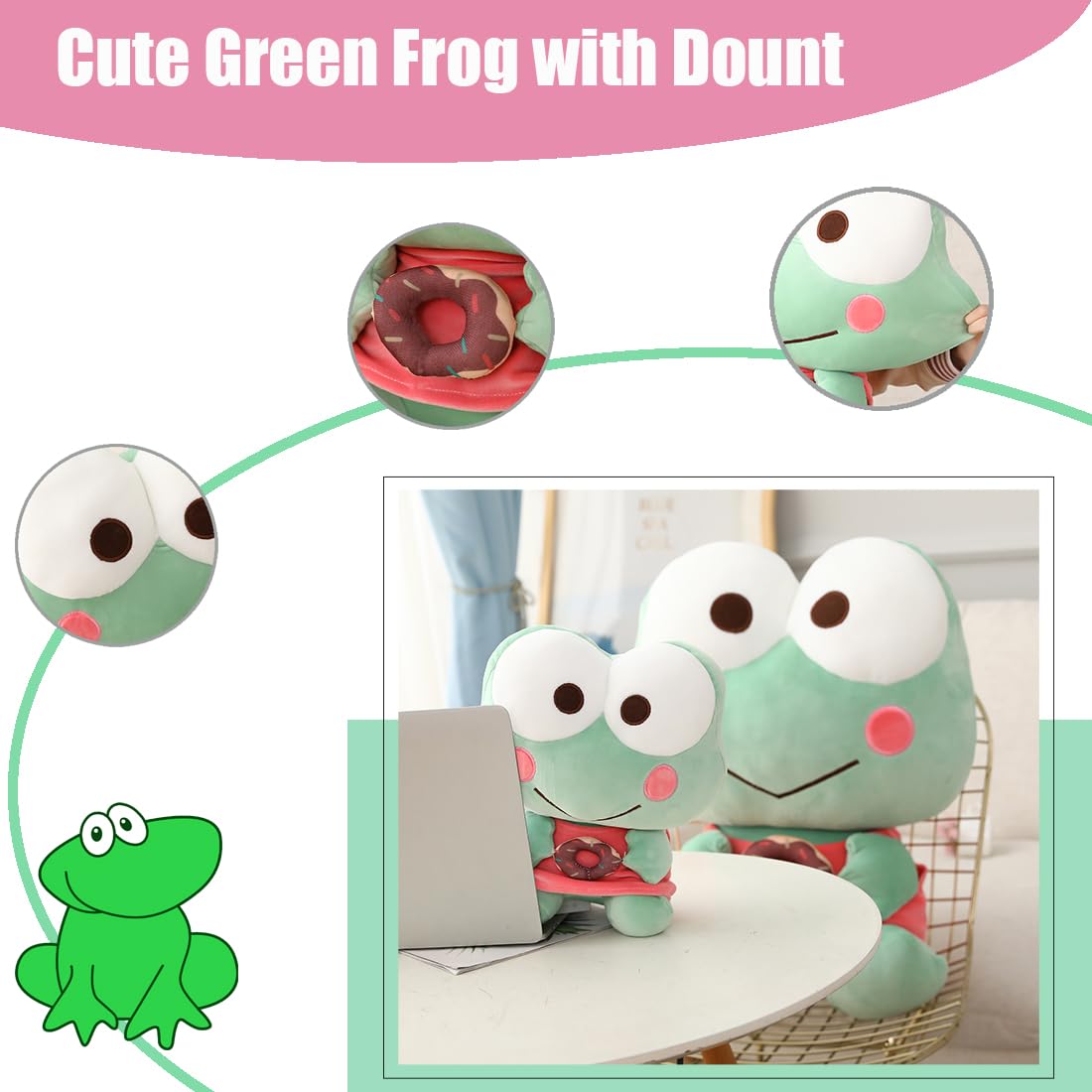 ELAINREN Cuddly Stuffed Frog with Donut,Ultra-Soft Green Froggy Plush Toy Kawaii Fernando Frog Plushie Doll Gifts/13.8''