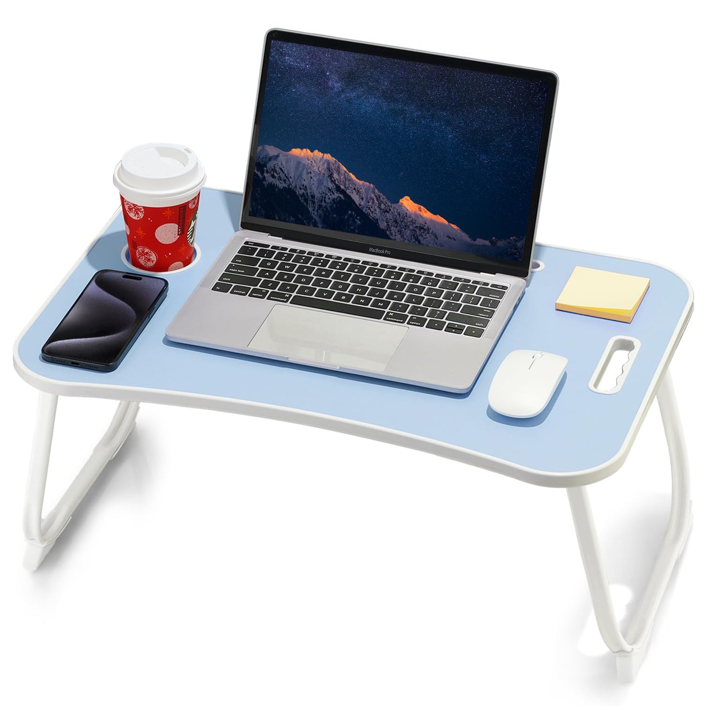 ZEAPTAC Laptop Bed Desk, Foldable Lap Desk, Portable Lap Table, Laptop Stand with Cup Holder & Tablet Slot & Lifting Handle for Working Writing Drawing & Eating - Blue