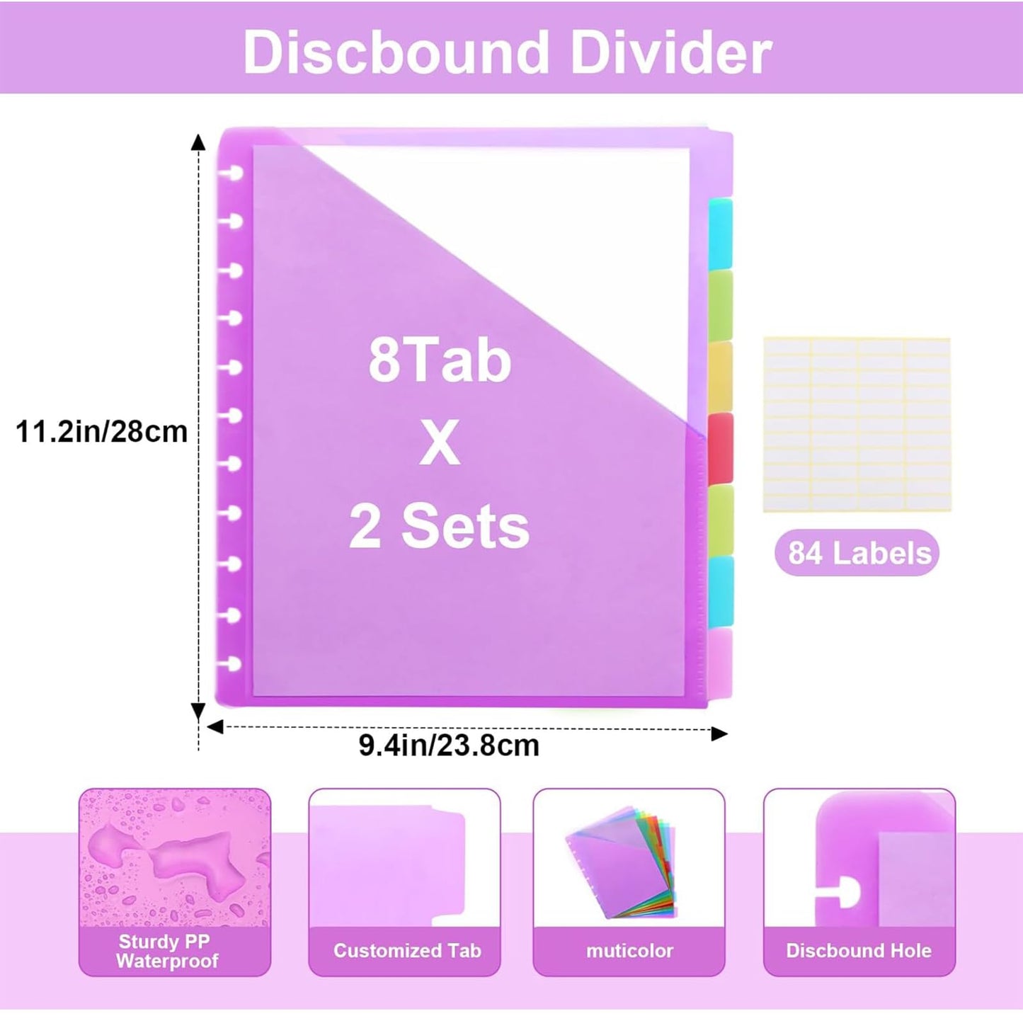 11 -Discbound Pocket Divider with 8 Tabs,2 Set Letter Size Tul Notbook Divider Folder Dis Planner Inserts for for Document Discbound System, Office Home School（16PCS