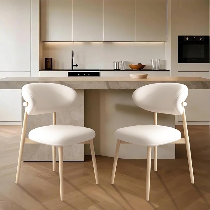 Upholstered Dining Chairs Set of 2,Mid Century Modern Kitchen Chairs with Back and Wood Frame,Faux Leather Dinner Chairs (White +Original Wood Legs, Set of 2)