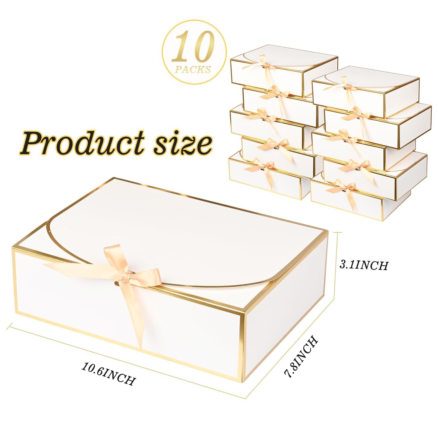 10 Pack Gold Foil Gift Boxes with Lids, 10.6x7.8x3.1Inch Luxury Bridesmaid Proposal Box, White Gift Boxes for Presents, Wedding, Baby Shower, Birthday Party