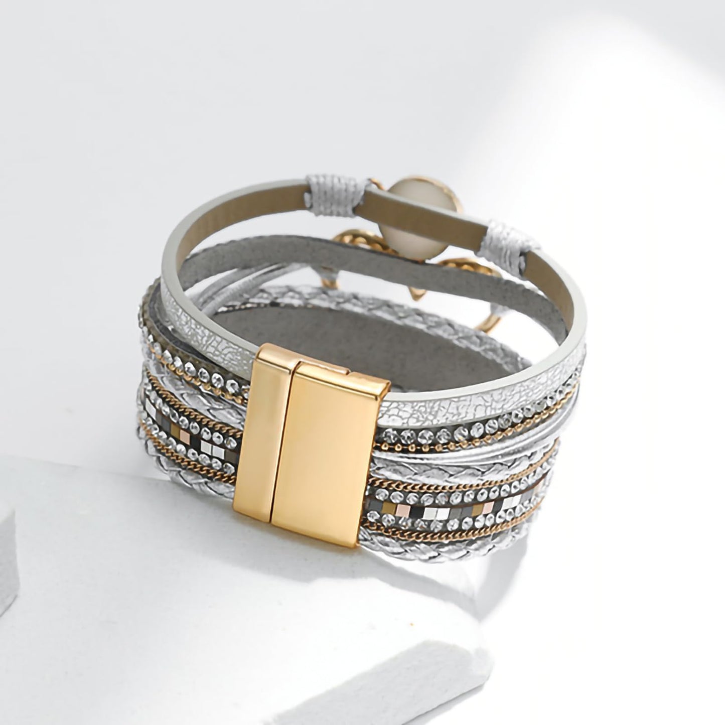 Leopard Bracelet for Women, Boho Leather Wrap Multi-Layer Pearl Crystal Bracelet Bangle Jewelry (Heart Leather2)