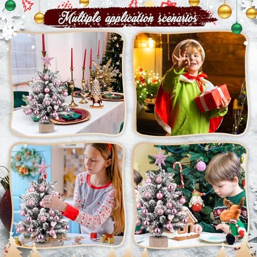 RoundFunny 25 Pcs Mini Christmas Balls Ornaments Set 1.57 Inch Christmas Day Ball Topper Star Tree Hanging Ornaments for Party Decoration(Pink)
