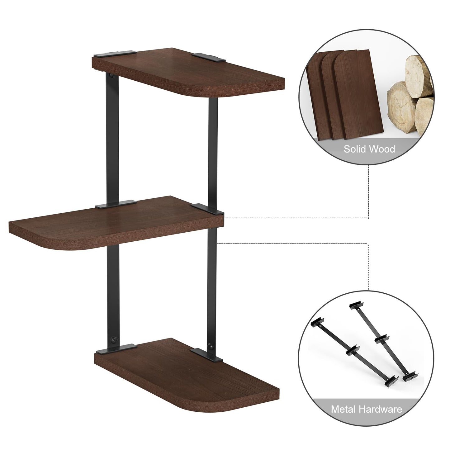 Love-KANKEI Corner Shelf Wall Mount of 3 Tier Rustic Wood Floating Shelves for Bedroom Living Room Bathroom Kitchen Office and More Dark Walnut