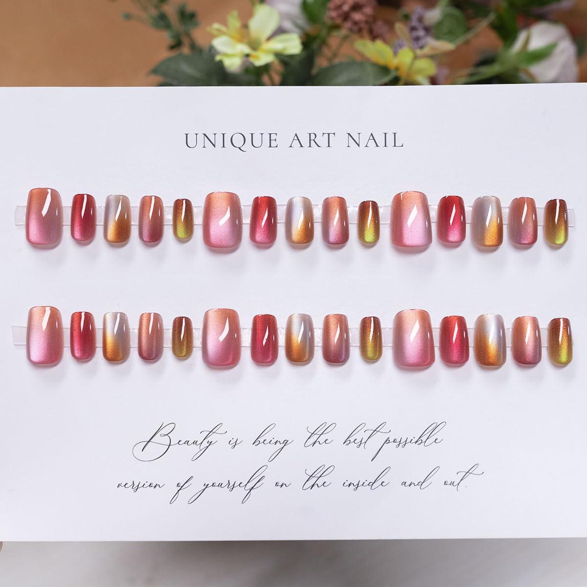 Cat Eye Press on Nails Short Square Fake Nails Rainbow Candy Acrylic Nails Cute Pink Gradient False Nails Press ons Glossy Shiny Glue on Nail for Women Girls Manicure Deco