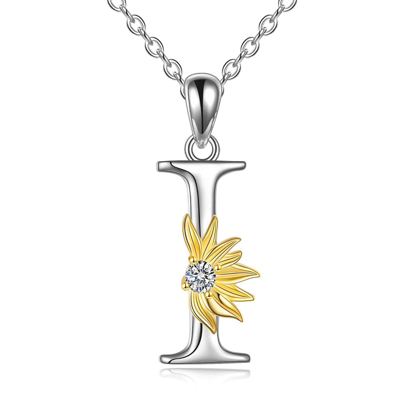 POPLYKE Sterling Silver Initial Alphabet Letter Script Name Pendant Chain Necklace for Women for (Sunflower I)