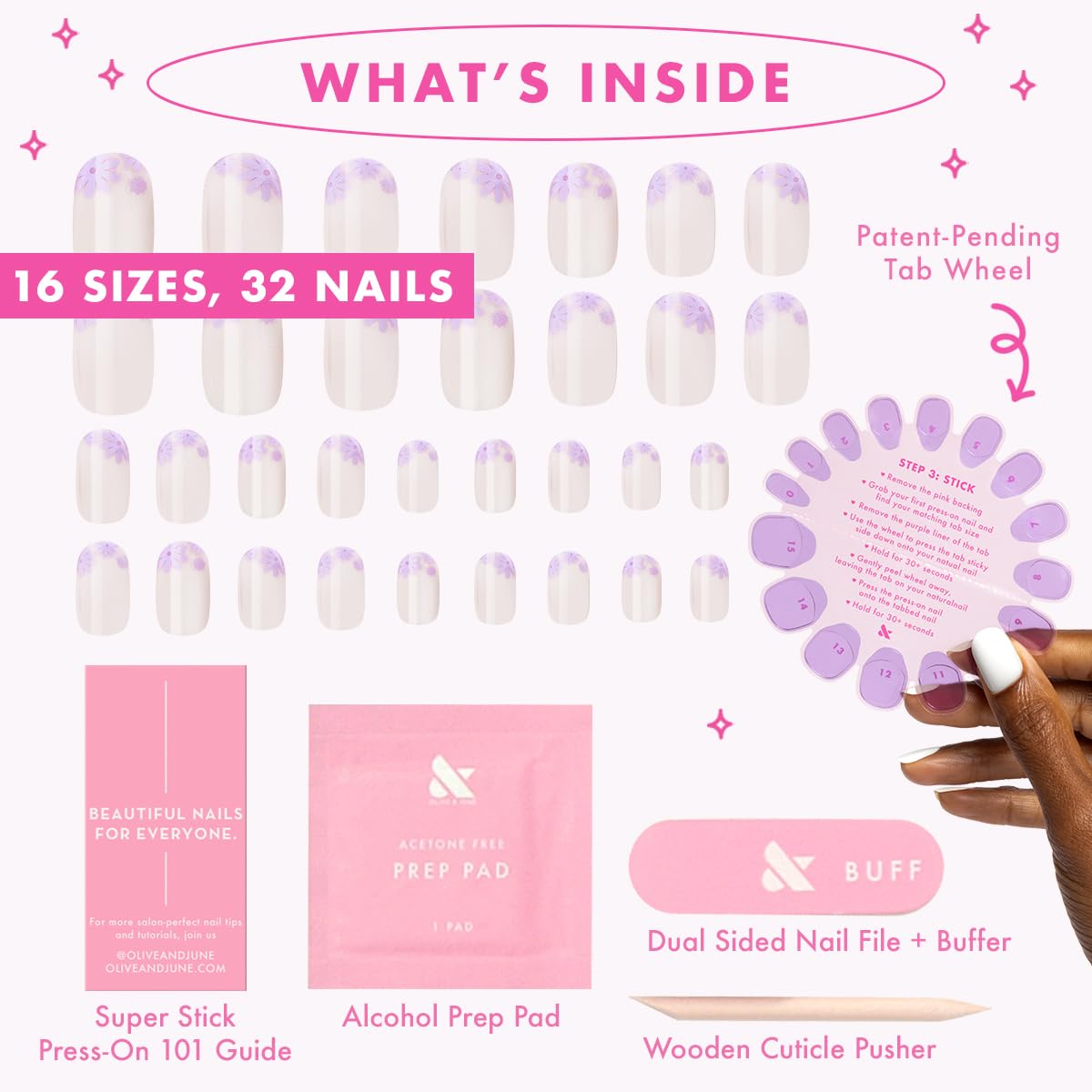 Olive & June Classic Super Stick Mani Press On Nails | No Glue Needed | 32 Tab Nails 16 Sizes | Non-Toxic Tabs Non-Damaging 7-Day Wear | Spring Flowers & Patterns| Short, Round| Floral Tip