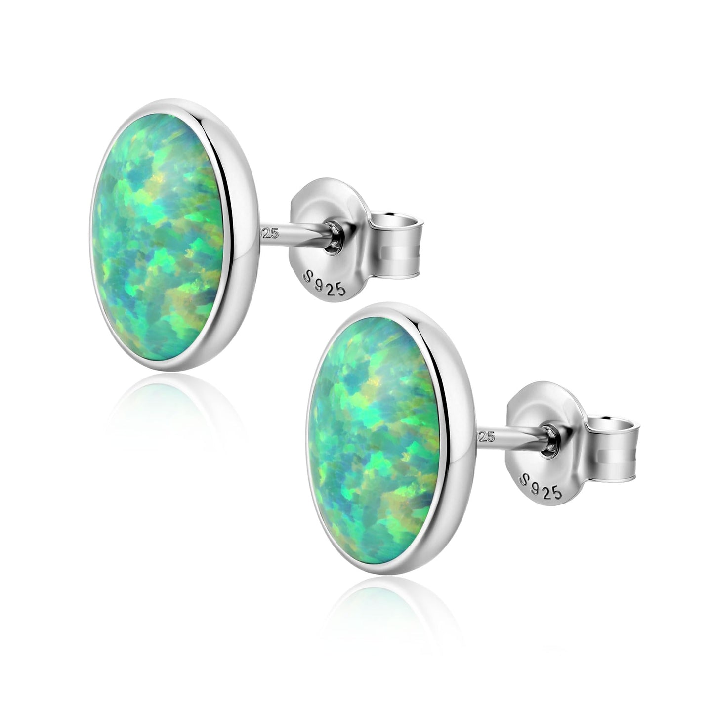 JiayangJY Silver Green Fire Opal Stud Earrings for Women Sterling Silver Oval Shape 7mm Opal Earrings with Push Back