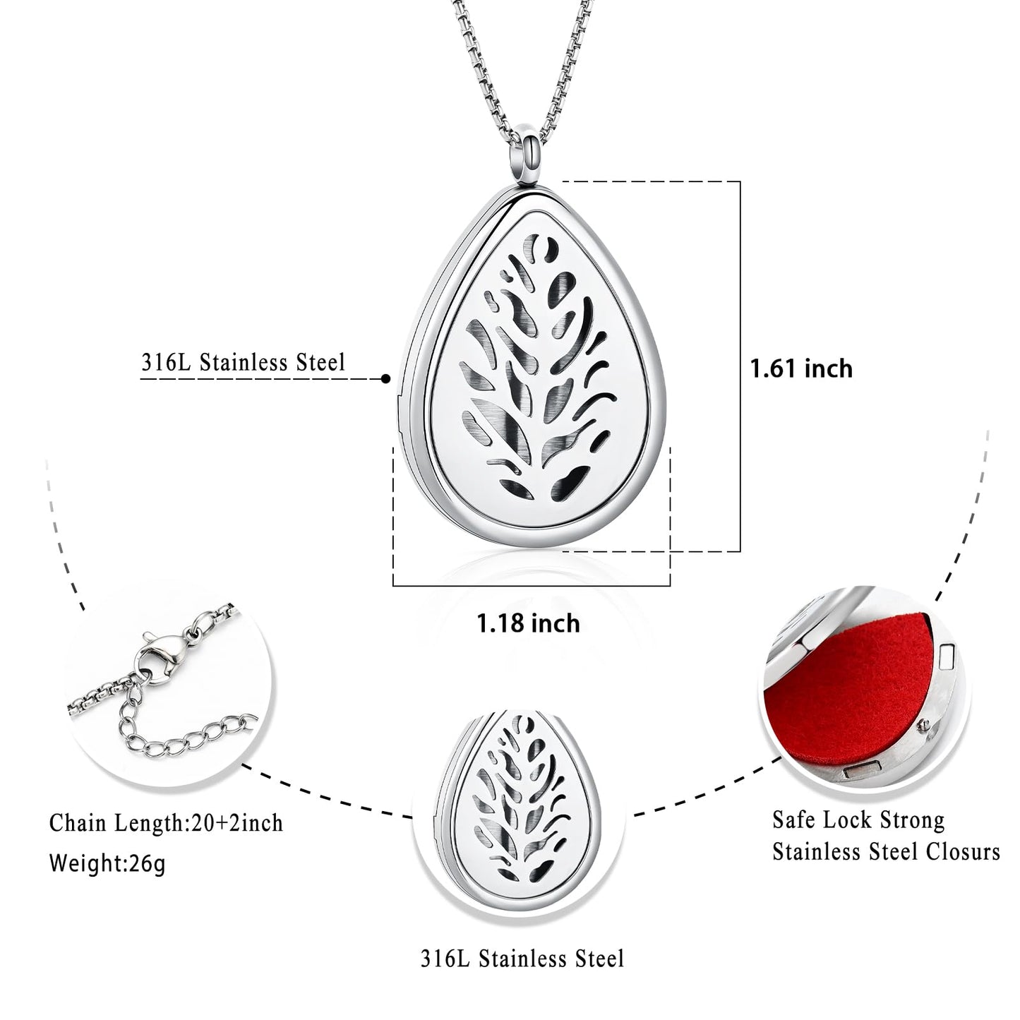 mingkejw Teardrop Essential Oil Diffuser Necklace Aromatherapy Pendant Locket Jewelry Stainless Steel Perfume Necklace| 22’’ Adjustable Chain| 12 Refill Pads| Gift Box