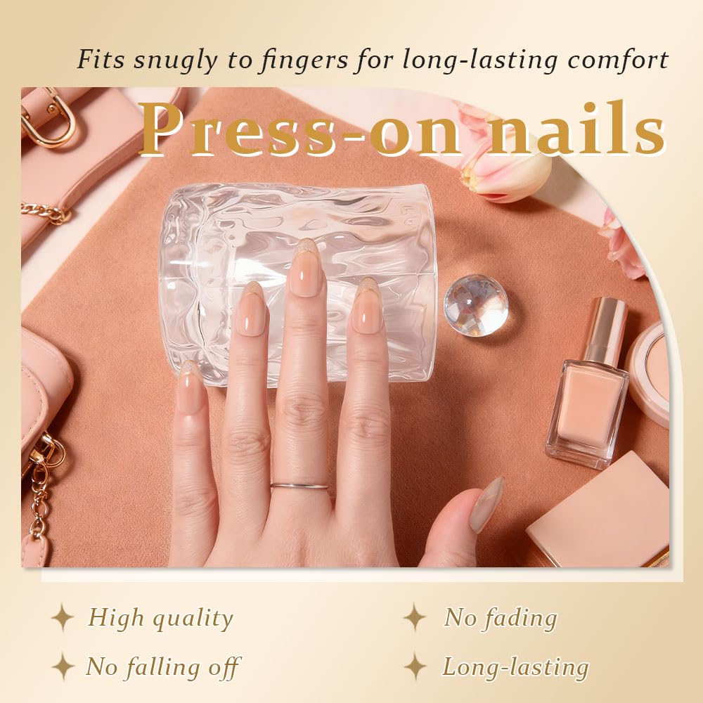 evpct French Tip Press On Nails Short Almond, Nude + Gold Line & Glitter Tips, Short Almond Fake False Press on Nails, Soft Gel Stick on nail Press ons with Nail Kit, Reusable Salon Quality