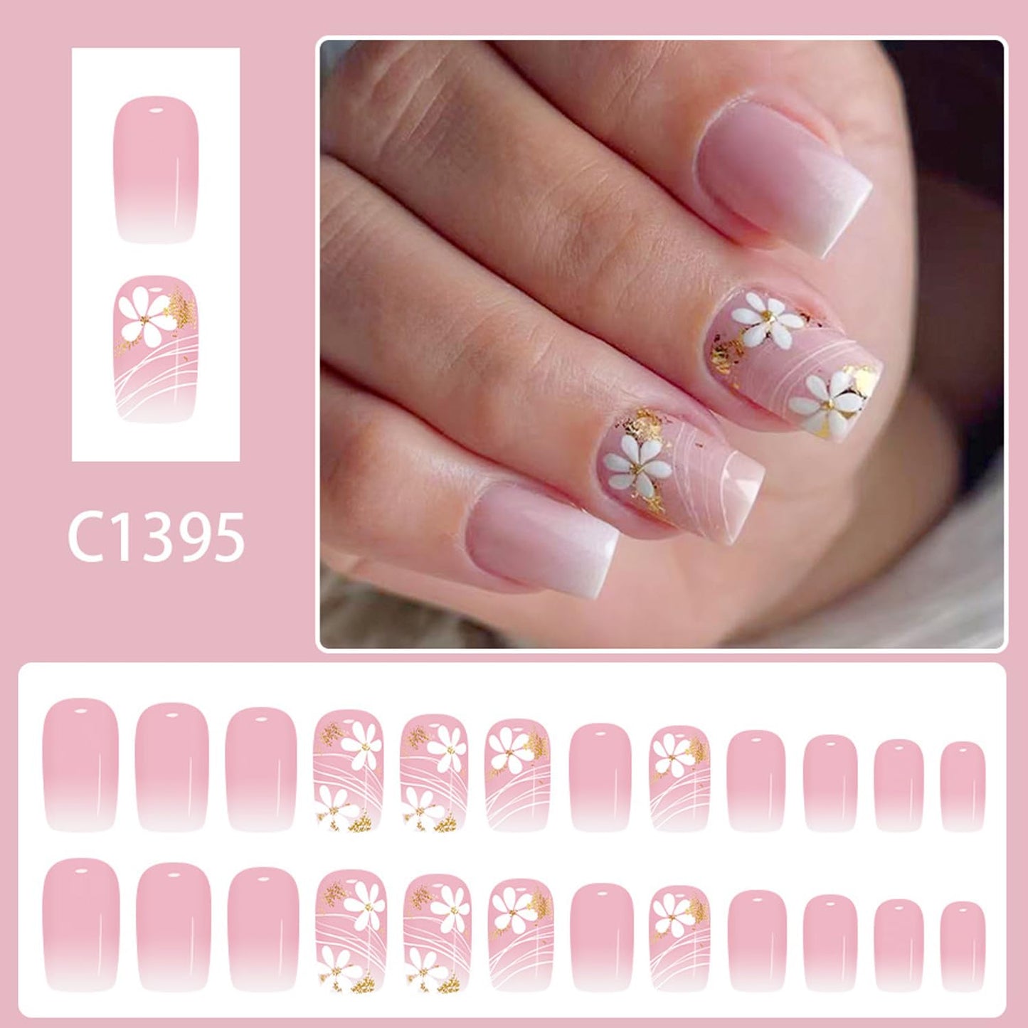 Square Press On Nails Short Fake Nails Flower Glitter With Gradient Design Pink False Nails Glossy Full Cover Artificial Reusable Stick On Nail Cute Acrylic Glue On Nail For Women Manicure Art 24pcs