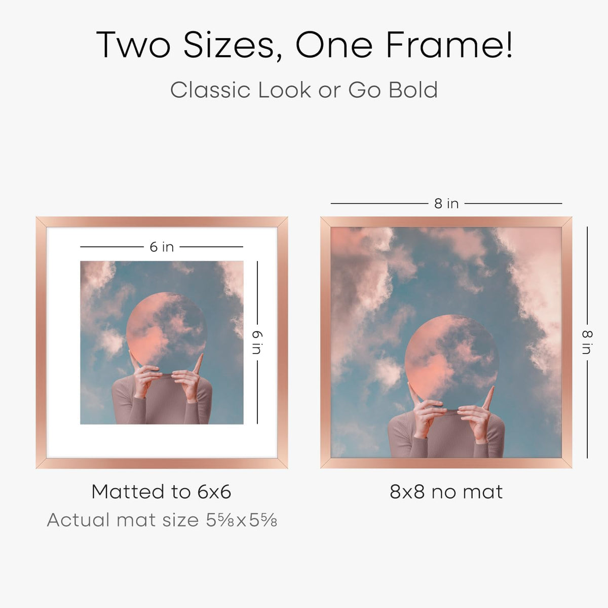 Homeforia Rose Gold Frame 8x8, High End Metal 8 x 8 Square Picture Frames with Mat 6 x 6 Art, 8x8 Photo Frame Matted to 6x6 inch Print, 8by8 Wall or Tabletop Frames, Tempered Glass, Wall Kit, Set of 1