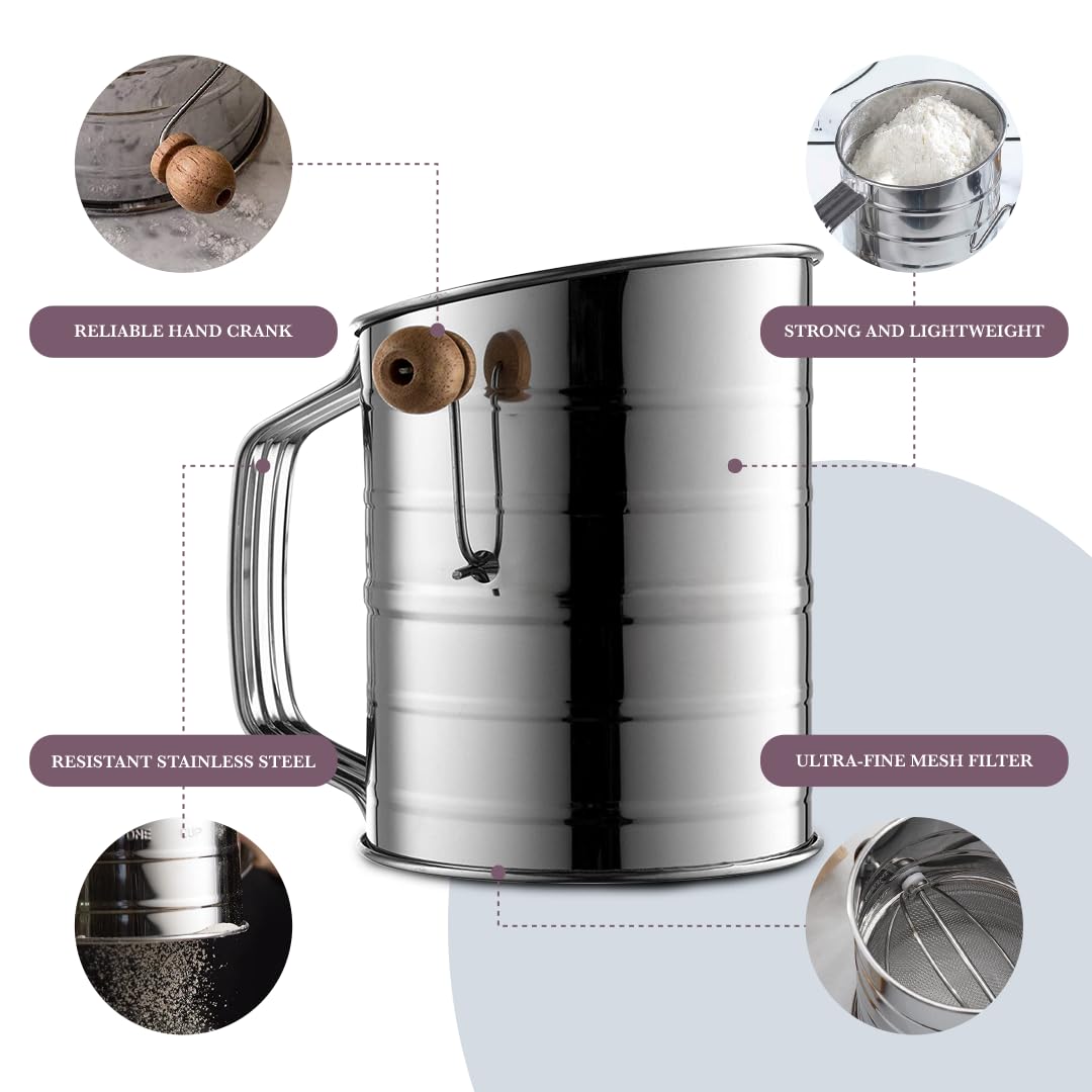 Bellemain 5 Cup Flour Sifter for Baking Fine Mesh Rotary Hand Crank with Loop Agitator for Quick Sifting, Flour Sifter Stainlees Steel